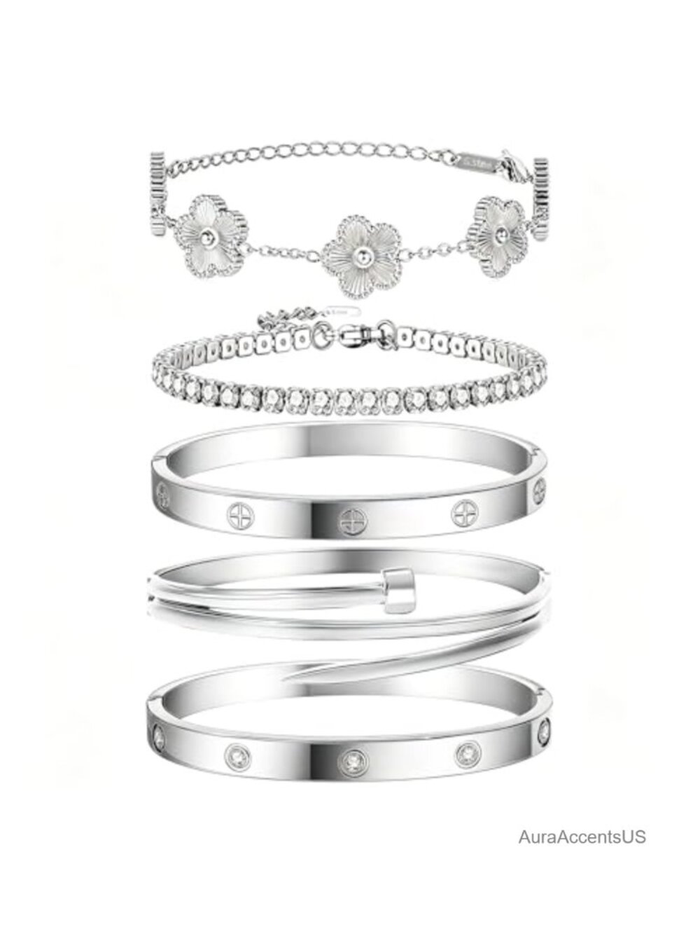 Stackable Silver Bracelets for Women, Non-Tarnish Stainless Steel Bangle Set,